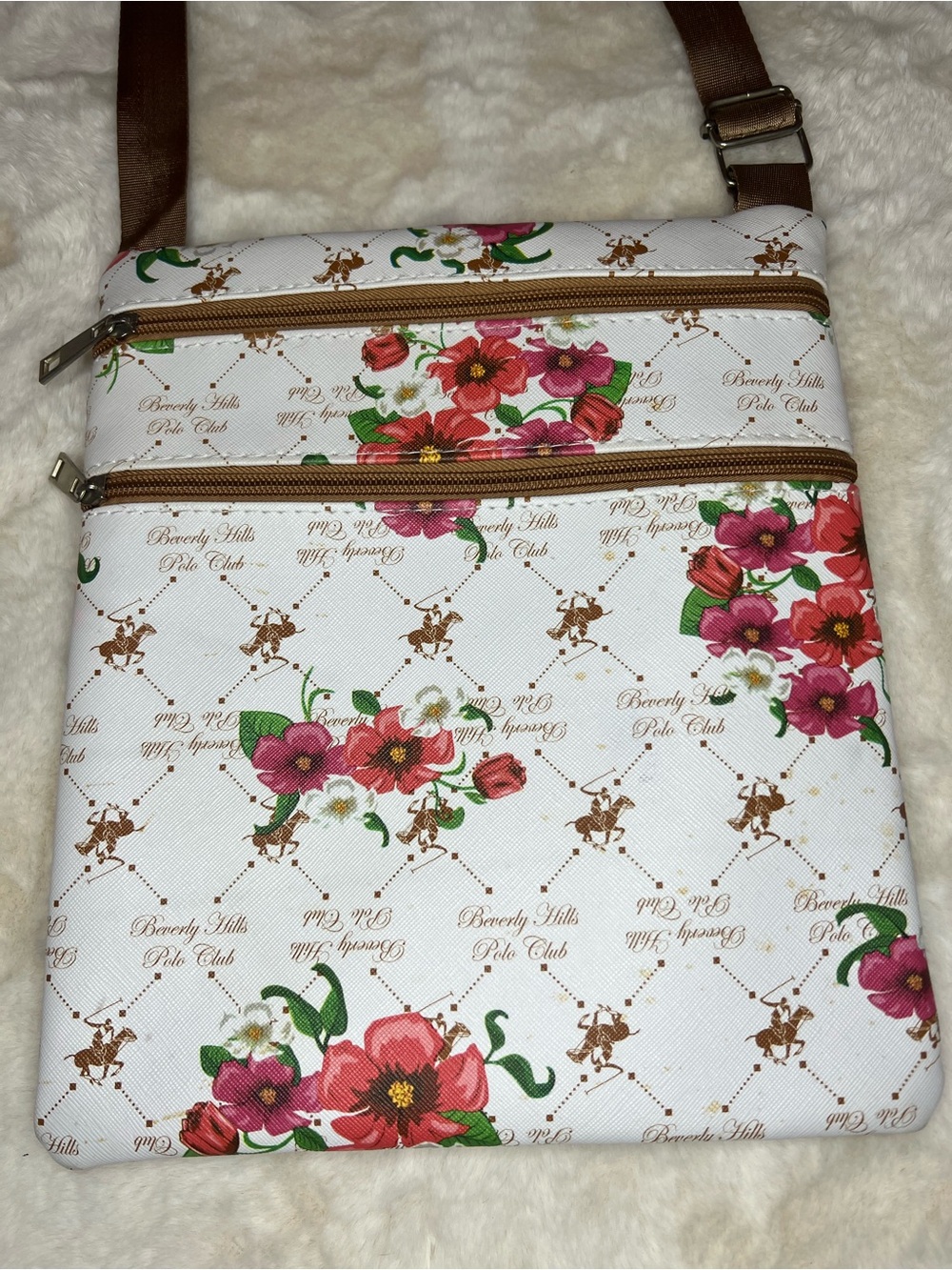 Beverly Hills Polo Club White Floral Crossbody with Brown Accents